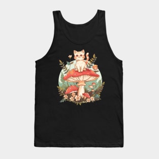 Botanical Cottagecore Kawaii Fan Cute mushroom Cat Floral Garden Kitten Tank Top